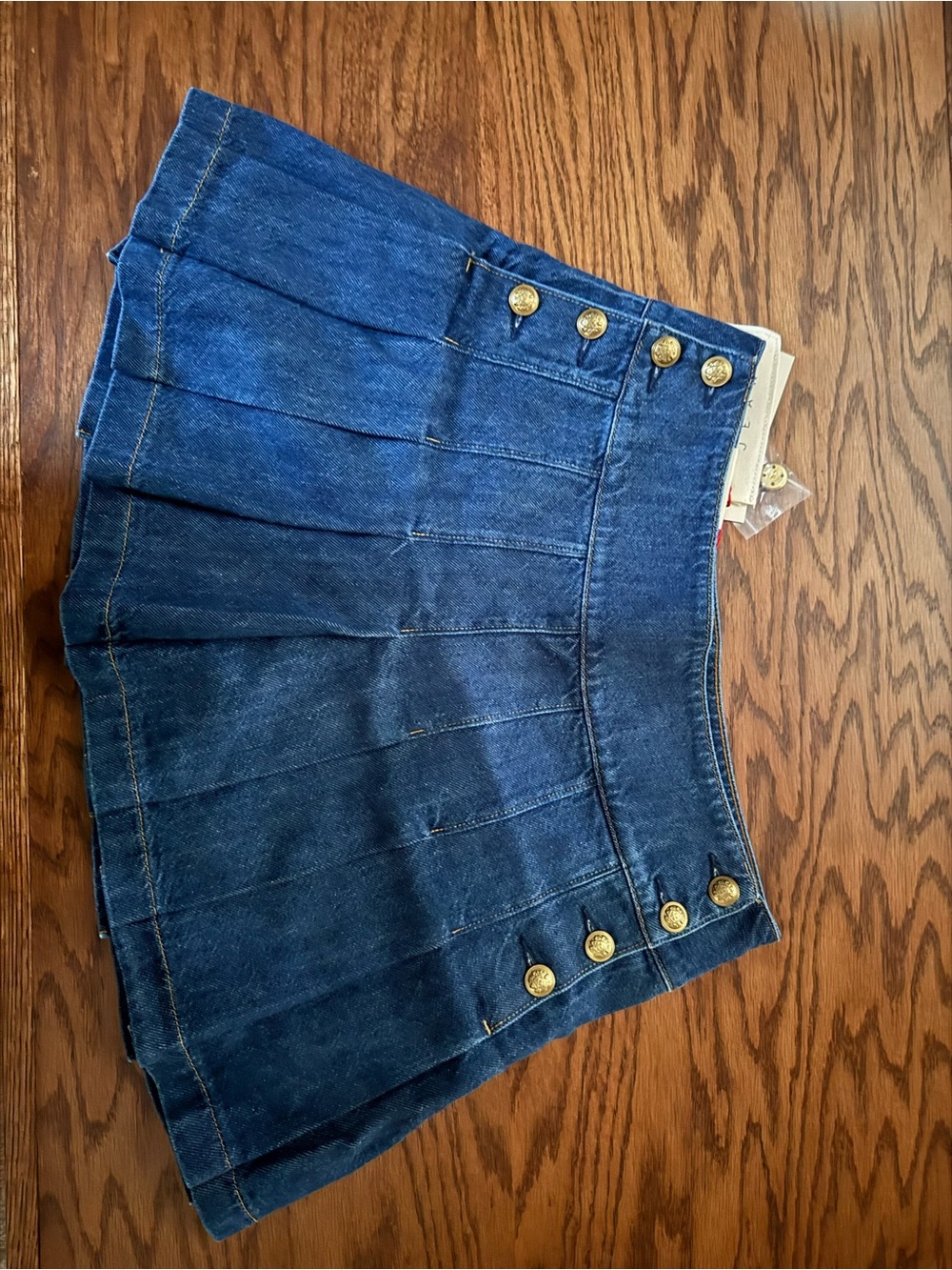 Alice + Olivia Dark Blue Denim Pleated Mini Skirt with Gold Buttons
